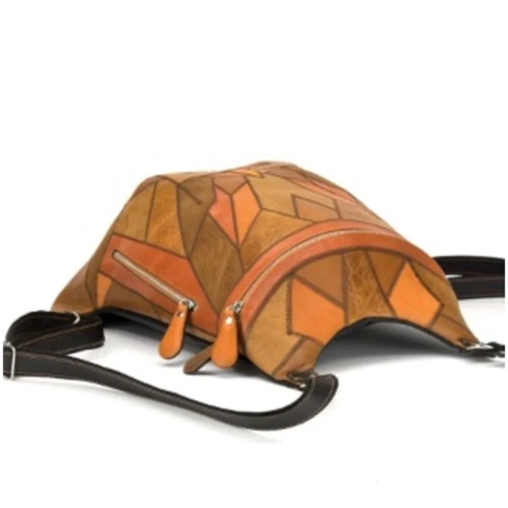 Leonid Titow Patchwork Leather Backpack Brown Tan Geometric Geometric Mosaic Bag